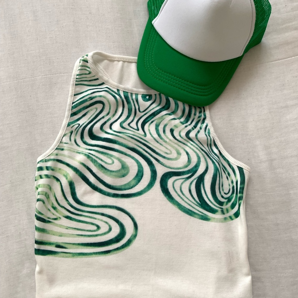 Aritzia White Tank Top with Green Swirl Print